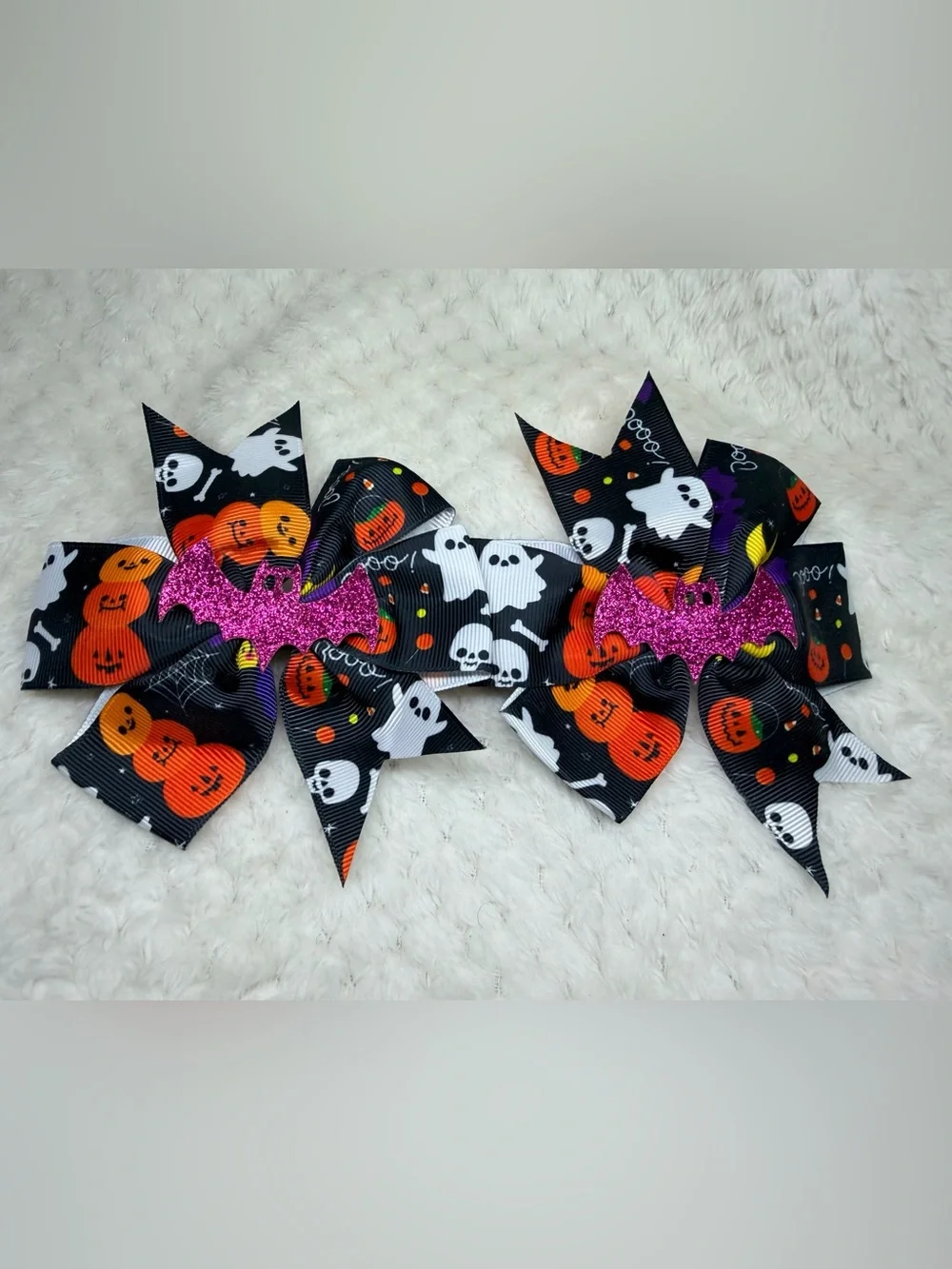 Kids Halloween Ghost & Pumpkin Hair Bow with Pink Glitter Bat